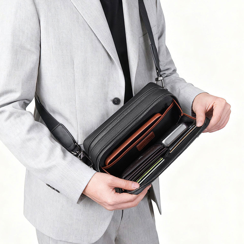 Wiwu Master Genuie Leather Serisi Parmak İzi Kilitli Çok Fonksiyonlu Deri Çapraz Vücut Çantası Siyah