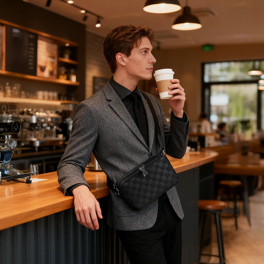 Wiwu Master Genuie Leather Serisi Parmak İzi Kilitli Çok Fonksiyonlu Deri Çapraz Vücut Çantası Siyah