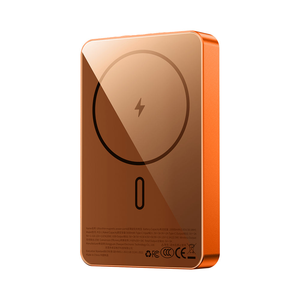 Wiwu P15-1 LED Işık Göstergeli Ultra İnce PD 20W Kablosuz Powerbank 10000mAh 15W Turuncu