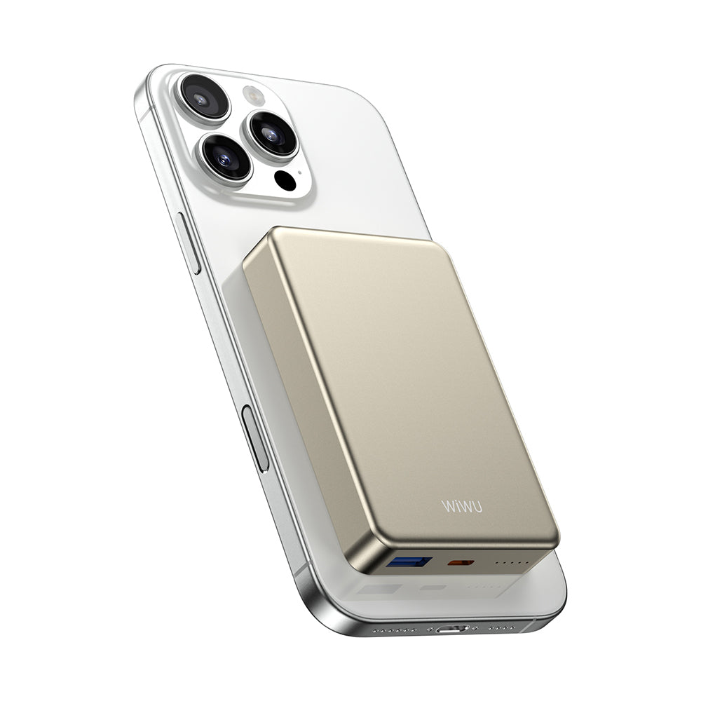 Wiwu P15-1 LED Işık Göstergeli Ultra İnce PD 20W Kablosuz Powerbank 10000mAh 15W Titanyum-Gold