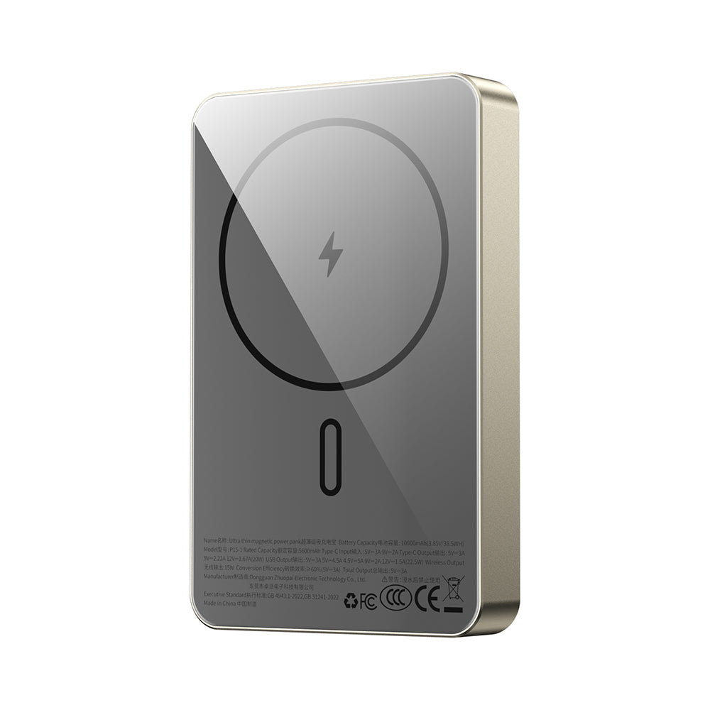 Wiwu P15-1 LED Işık Göstergeli Ultra İnce PD 20W Kablosuz Powerbank 10000mAh 15W Titanyum-Gold