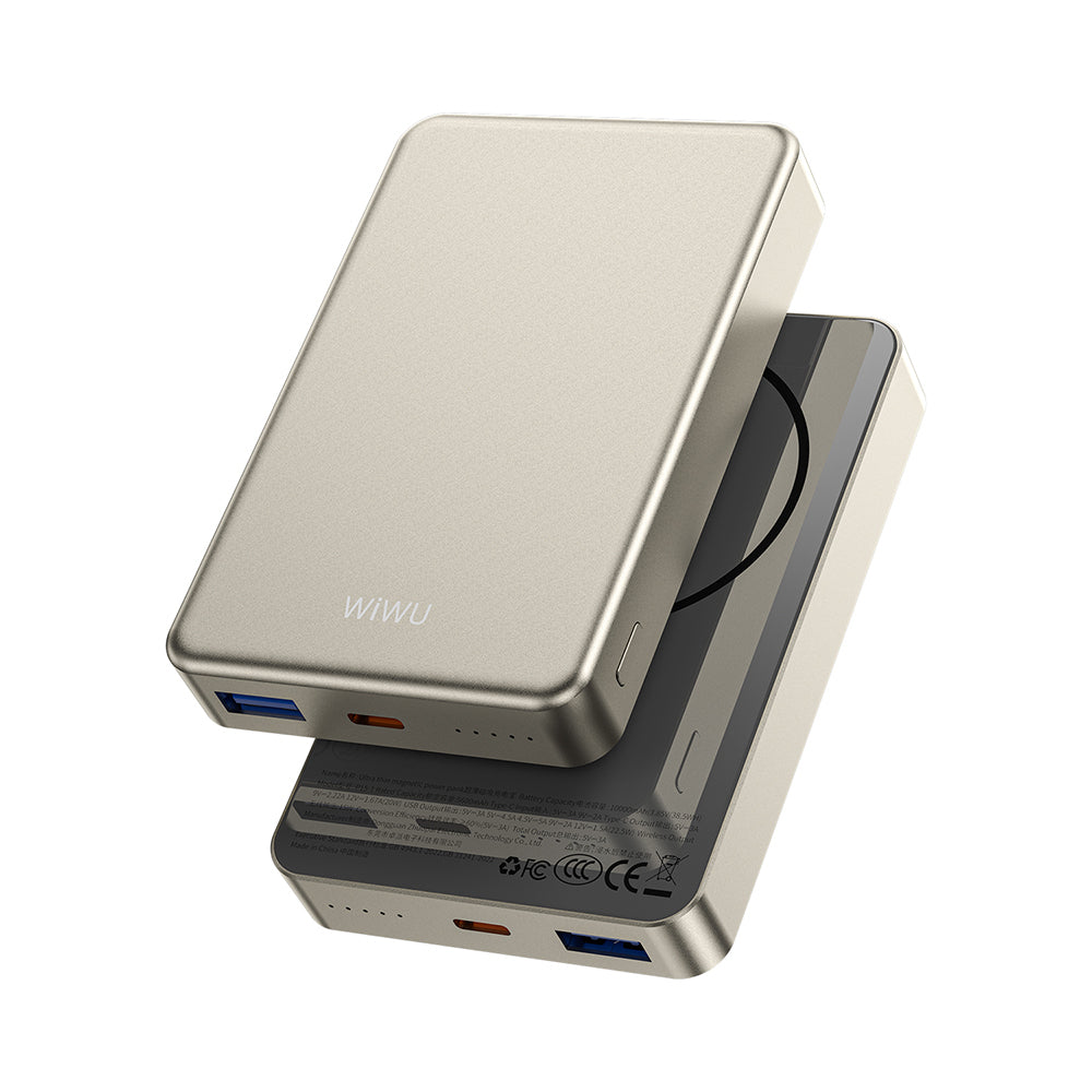Wiwu P15-1 LED Işık Göstergeli Ultra İnce PD 20W Kablosuz Powerbank 10000mAh 15W Titanyum-Gold