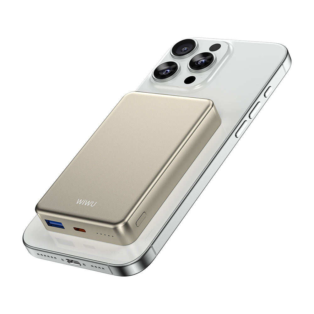 Wiwu P15-1 LED Işık Göstergeli Ultra İnce PD 20W Kablosuz Powerbank 10000mAh 15W Titanyum-Gold