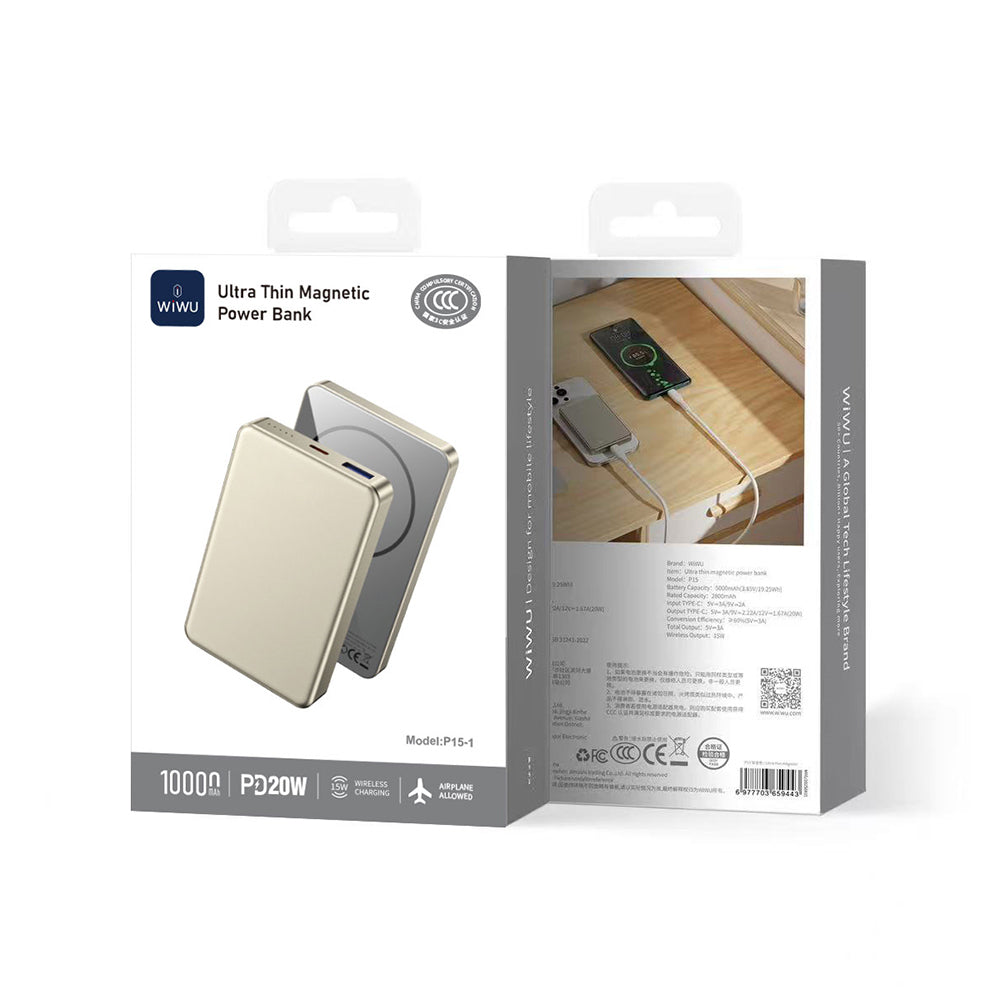 Wiwu P15-1 LED Işık Göstergeli Ultra İnce PD 20W Kablosuz Powerbank 10000mAh 15W Titanyum-Gold