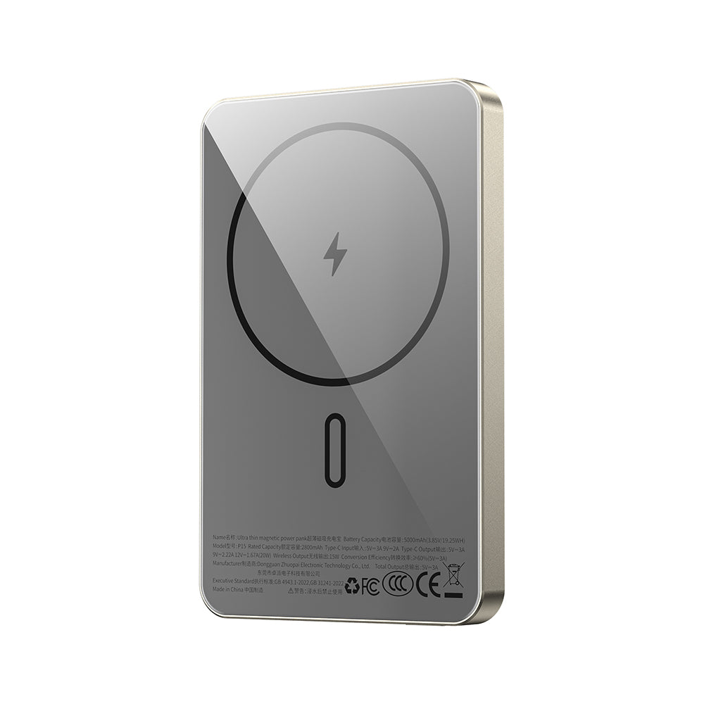 Wiwu P15 LED Işık Göstergeli Ultra İnce PD 20W Kablosuz Powerbank 5000mAh 15W Titanyum-Gold
