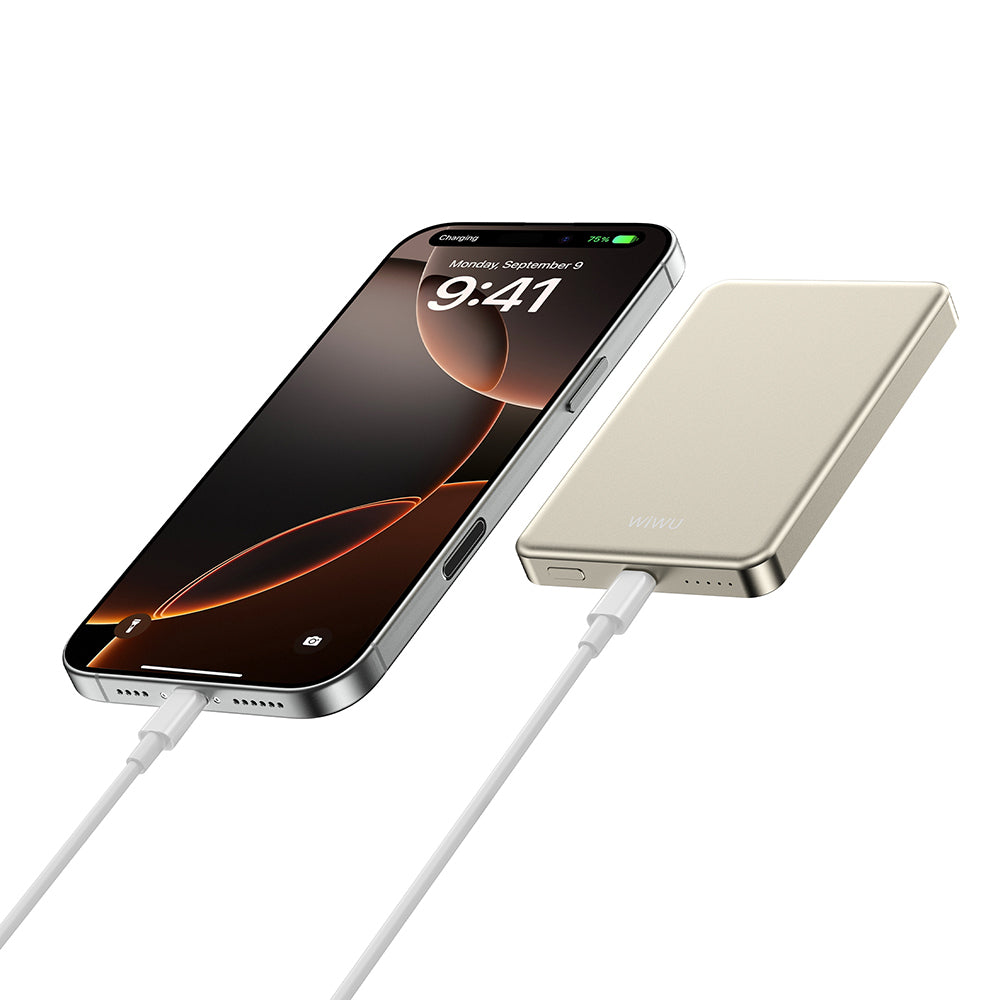 Wiwu P15 LED Işık Göstergeli Ultra İnce PD 20W Kablosuz Powerbank 5000mAh 15W Titanyum-Gold