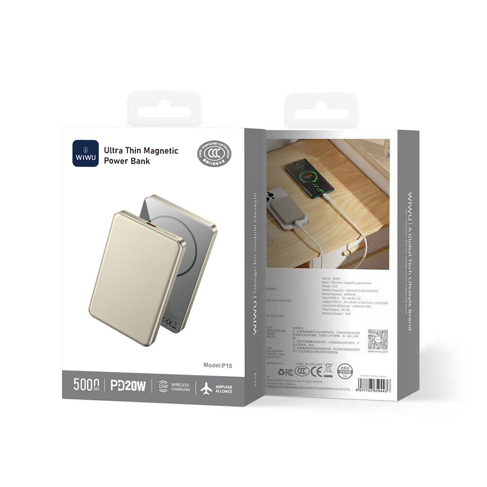 Wiwu P15 LED Işık Göstergeli Ultra İnce PD 20W Kablosuz Powerbank 5000mAh 15W Titanyum-Gold