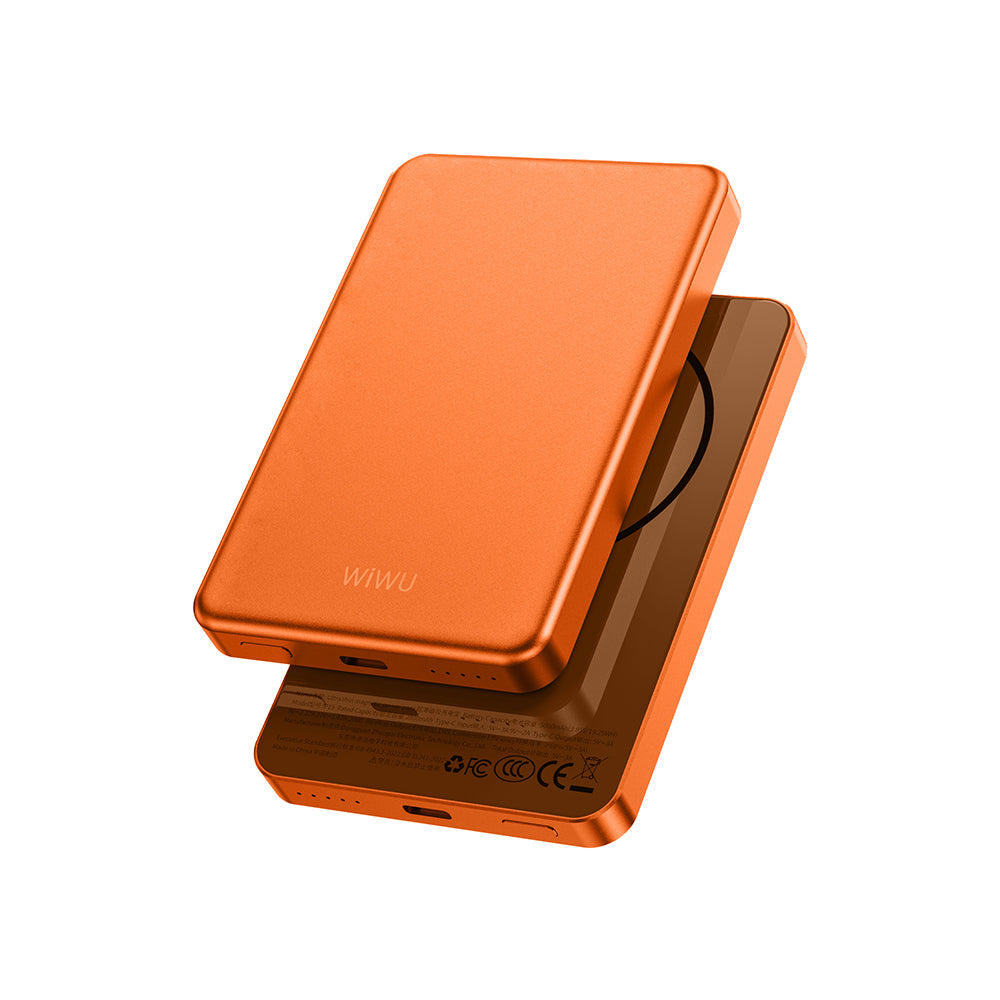 Wiwu P15 LED Işık Göstergeli Ultra İnce PD 20W Kablosuz Powerbank 5000mAh 15W Turuncu