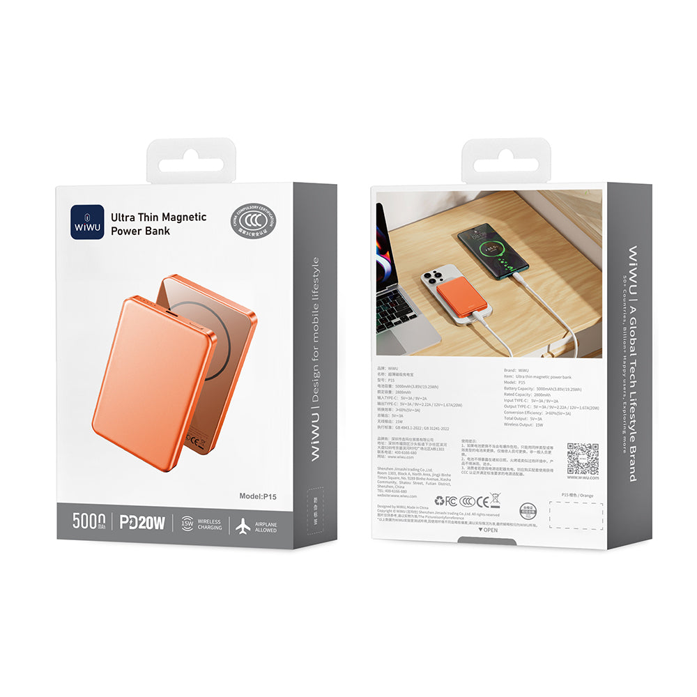 Wiwu P15 LED Işık Göstergeli Ultra İnce PD 20W Kablosuz Powerbank 5000mAh 15W Turuncu