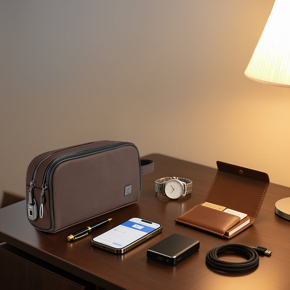Wiwu Phantom Pro Serisi Parmak İzi Kilitli Çok Fonksiyonlu Taşınabilir Mobil Aksesuar Çantası Koyu Kahve