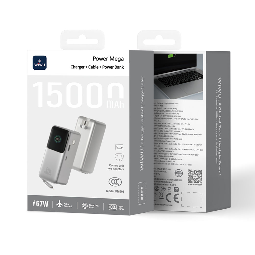 Wiwu PM-501 Power Mega Serisi Type-C Çıkışlı Taşınabilir Powerbank PD 67W 15000mAh Gümüş