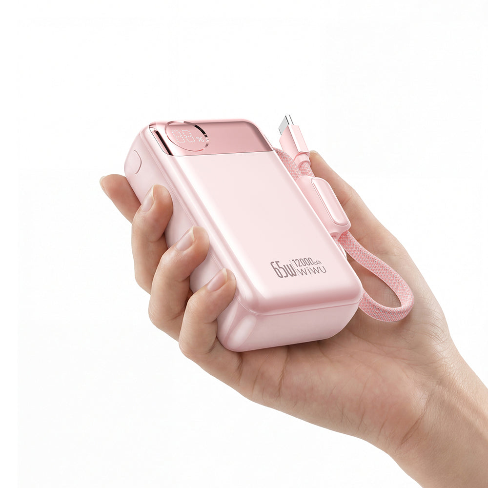 Wiwu T132 Power Plus Serisi Type-C Kablolu PD Powerbank 65W 12000mAh Pembe