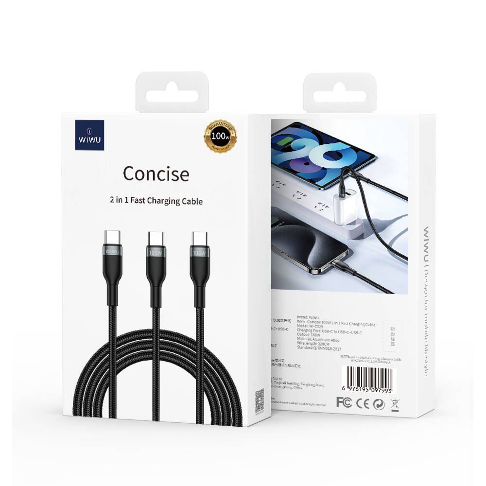 Wiwu Wi-C029 Concise Serisi 2in1 Type-C PD Data ve Şarj Kablosu 100W 1.2M Gri