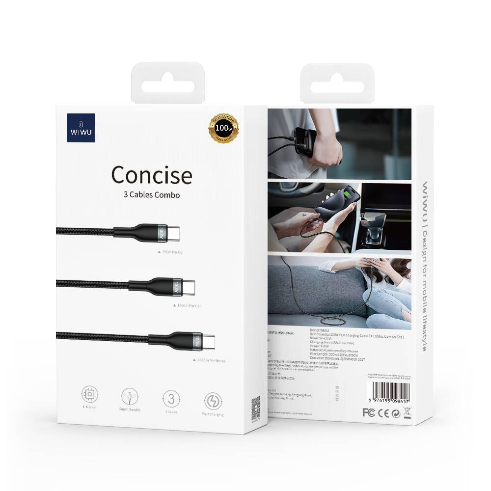 Wiwu Wi-C033 Concise Serisi 3in1 Type-C to Type-C Combo Kablo Seti Gri