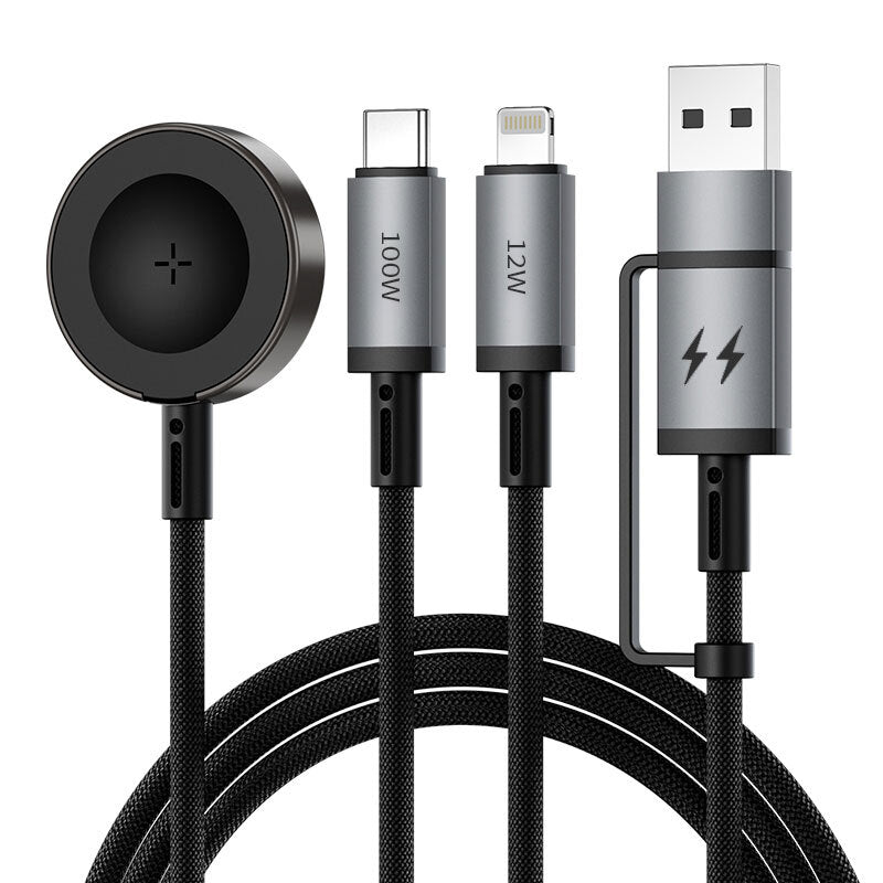 Wiwu Wi-C050 Legend Serisi 3in1 USB-A + Type-C to Lightning – Type-C – Akıllı Saat Şarj Kablosu 100W 1.2M Siyah