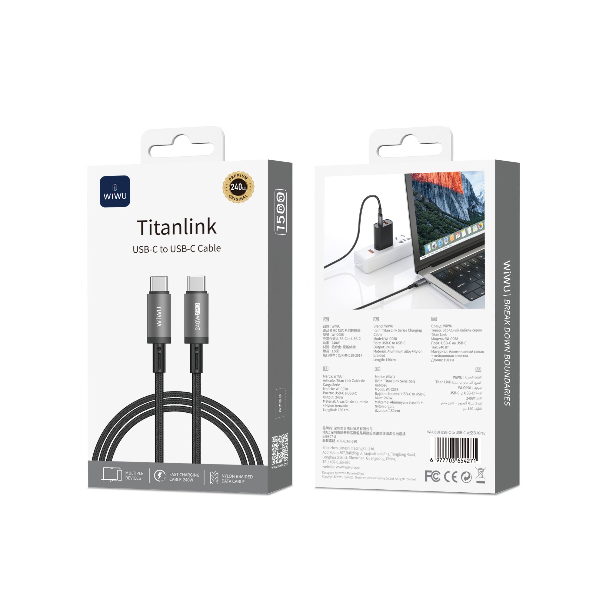 Wiwu Wi-C058 Titanlink Serisi Type-C to Type-C Hızlı Şarj Özellikli Data ve Şarj Kablosu 240W 1.5M Gri