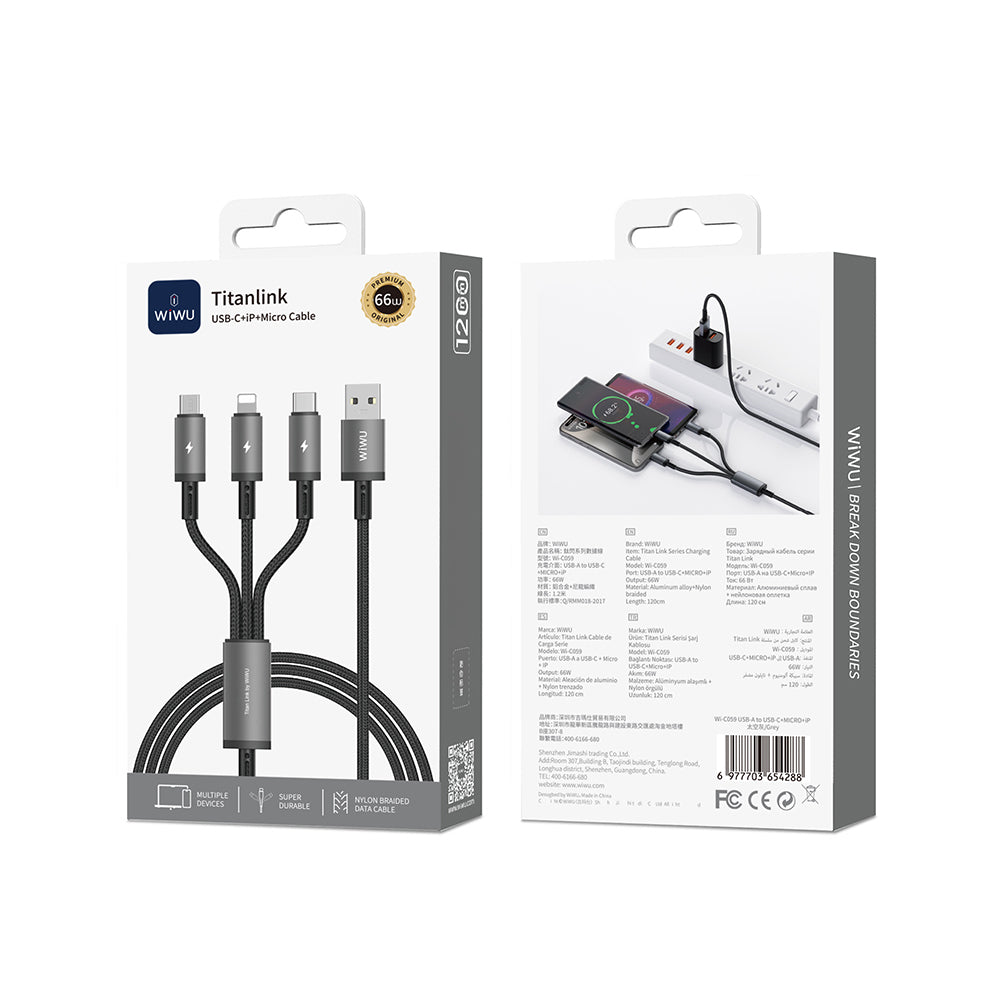 Wiwu Wi-C059 Titanlink Serisi 3in1 USB-A to Lightning – Type-C – Micro Örgülü Şarj ve Data Kablosu 66W 1.2m Gri