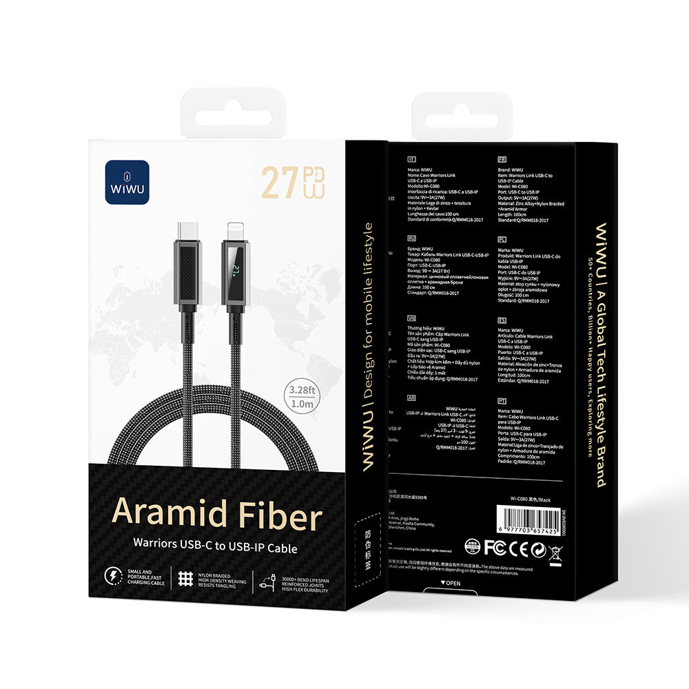Wiwu Wi-C080 Warriors Serisi Aramid Fiber Dijital LED Göstergeli Type-C to Lightning PD Data ve Şarj Kablosu 27W 1M Siyah