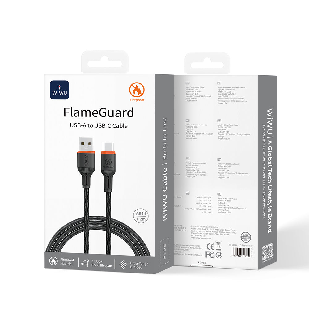 Wiwu Wi-C096 Flame Guard Serisi USB-A to Type-C Hızlı Şarj Özellikli Data ve Şarj Kablosu 1.2M Gri
