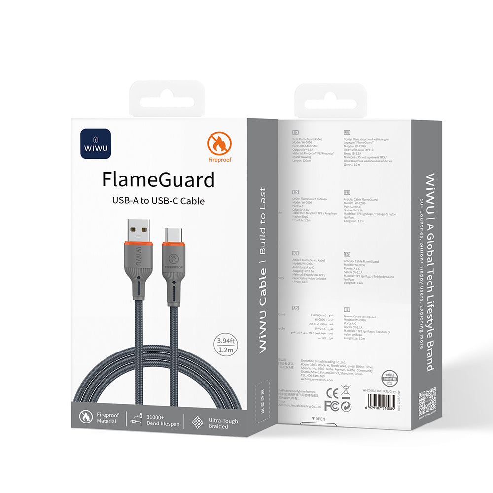 Wiwu Wi-C096 Flame Guard Serisi USB-A to Type-C Hızlı Şarj Özellikli Data ve Şarj Kablosu 1.2M Gri