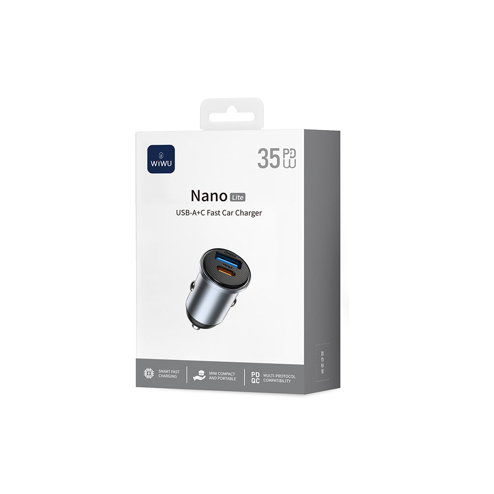 Wiwu Wi-CC030 Nano Lite Serisi Type-C + USB-A Hızlı Şarj Özellikli Akım Korumalı Araç Şarj Aleti PD ve QC3.0 35W Gri
