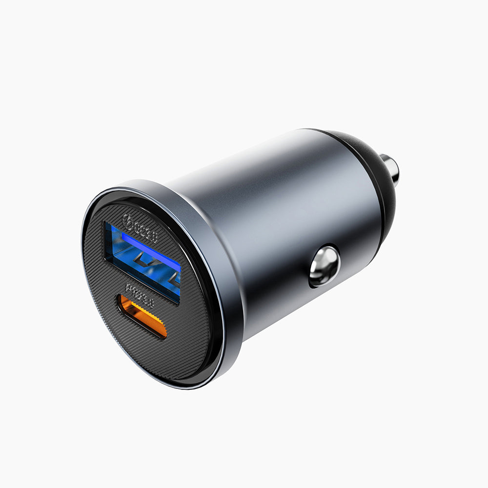 Wiwu Wi-CC030 Nano Lite Serisi Type-C + USB-A Hızlı Şarj Özellikli Akım Korumalı Araç Şarj Aleti PD ve QC3.0 35W Gri
