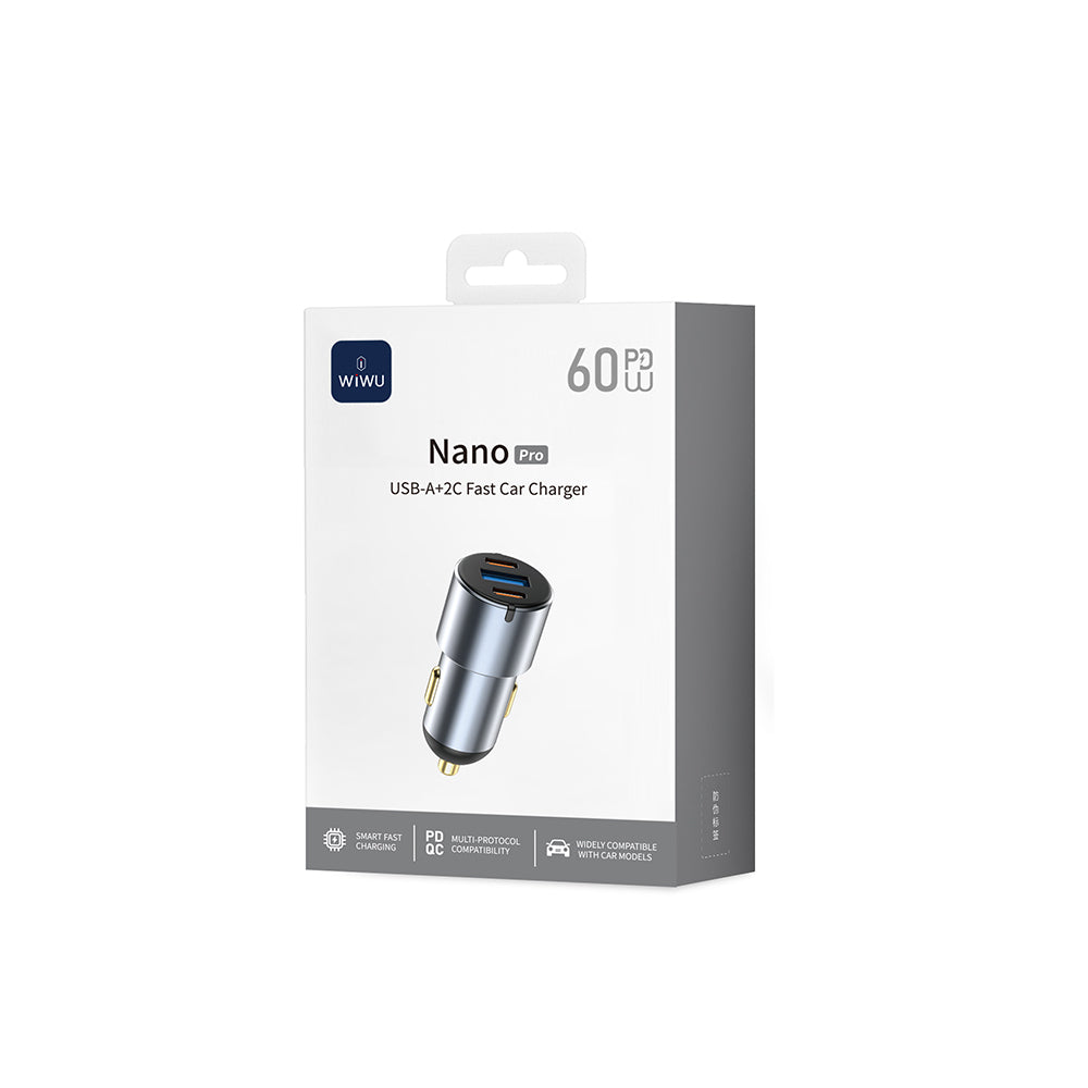 Wiwu Wi-CC032 Nano Pro Serisi Dual Type-C + USB-A Hızlı Şarj Özellikli Akım Korumalı Araç Şarj Aleti PD VE QC3.0 60W Gri
