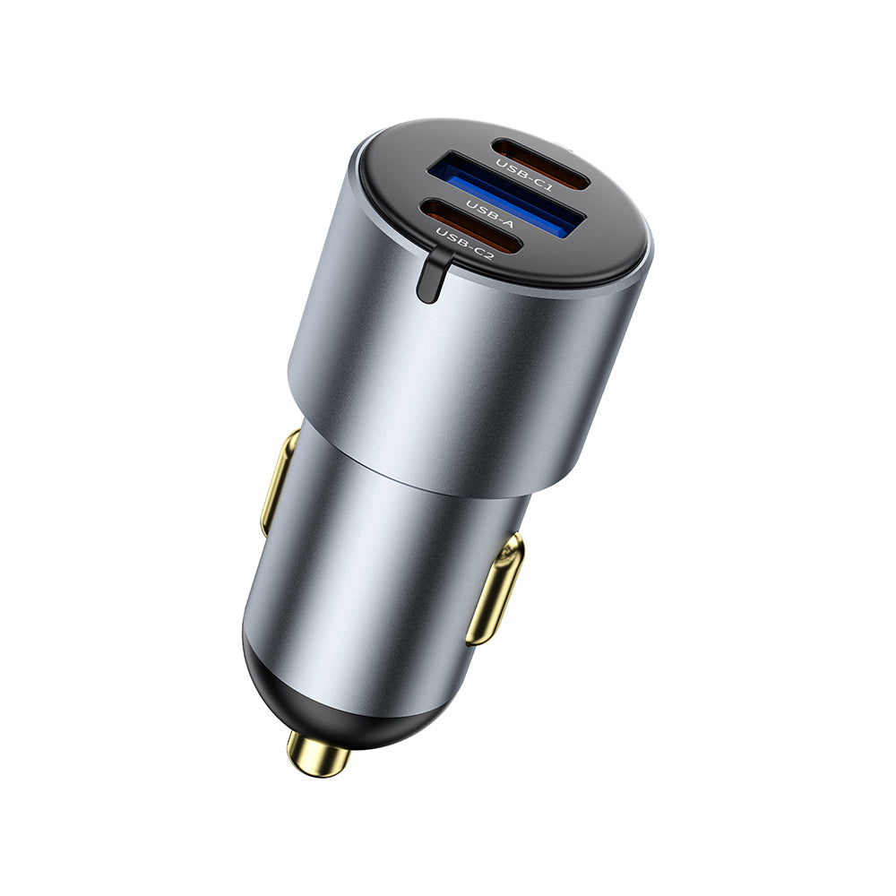 Wiwu Wi-CC032 Nano Pro Serisi Dual Type-C + USB-A Hızlı Şarj Özellikli Akım Korumalı Araç Şarj Aleti PD VE QC3.0 60W Gri
