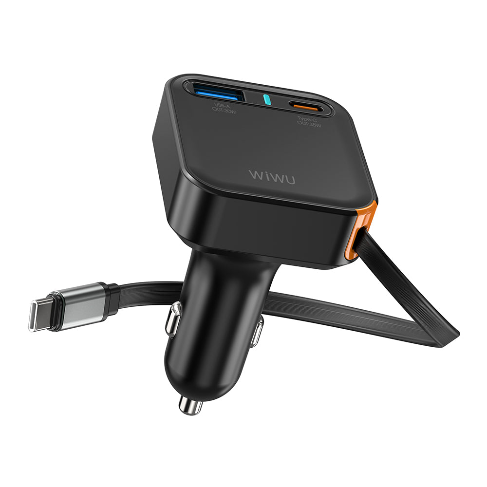Wiwu Wi-CC033 Type-C + USB-A Hızlı Şarj Özellikli Akım Korumalı Dahili Kablolu Araç Şarj Aleti 65W Siyah