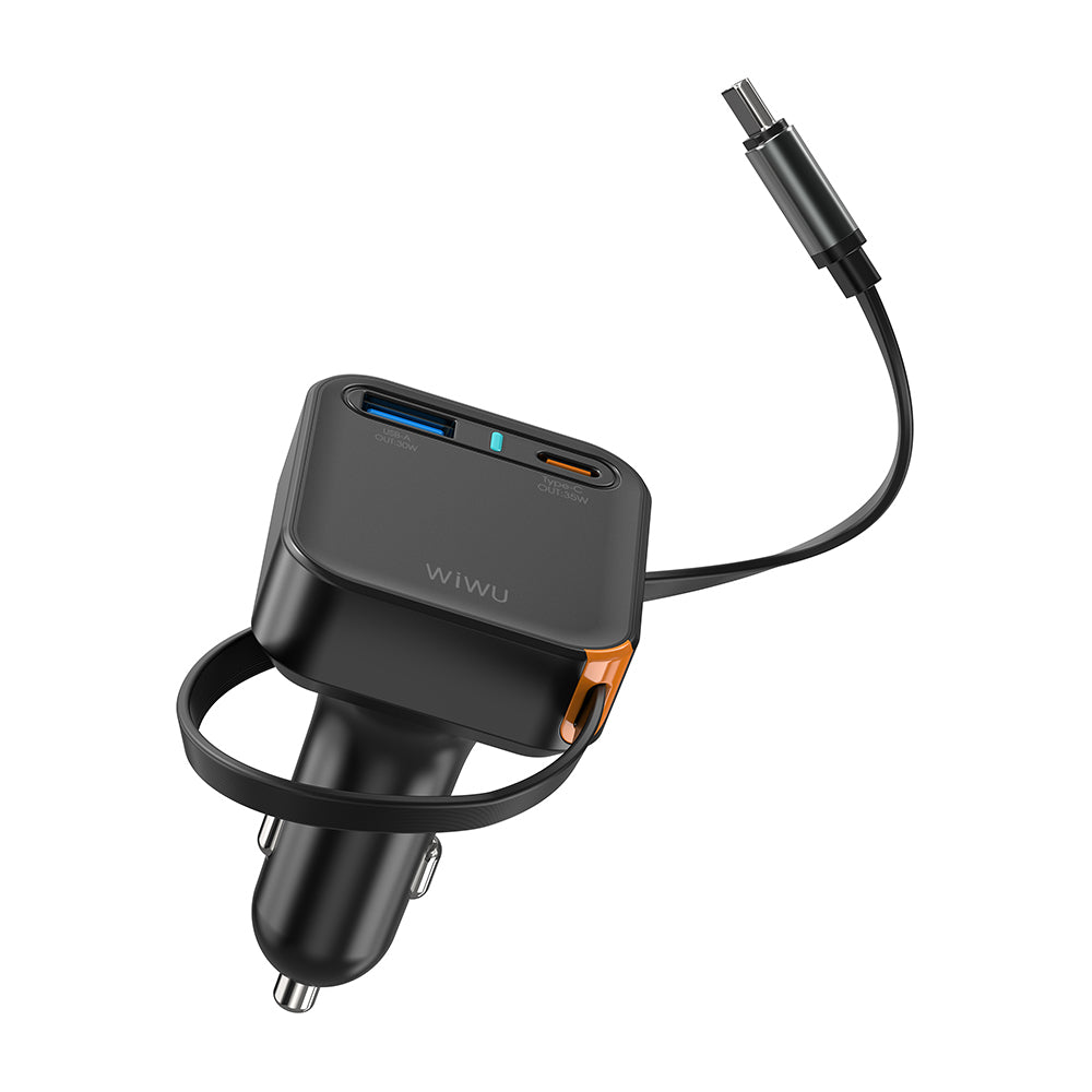 Wiwu Wi-CC033 Type-C + USB-A Hızlı Şarj Özellikli Akım Korumalı Dahili Kablolu Araç Şarj Aleti 65W Siyah