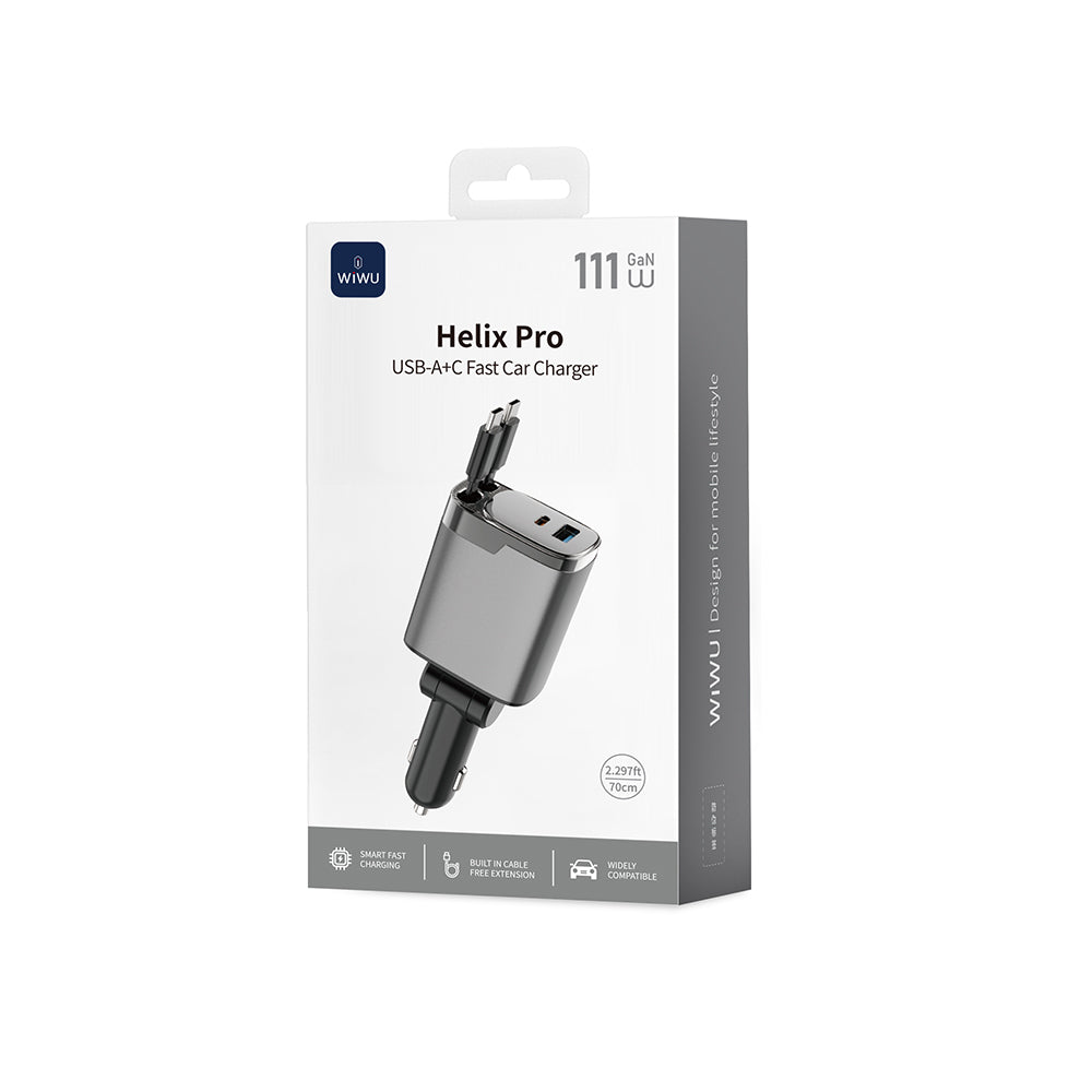 Wiwu Wi-CC034 Type-C + USB-A Hızlı Şarj Özellikli GaN Teknolojili Dahili Kablolu Araç Şarj Aleti 111W Gri