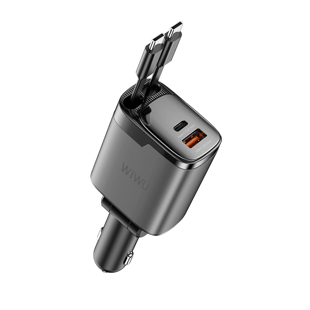 Wiwu Wi-CC034 Type-C + USB-A Hızlı Şarj Özellikli GaN Teknolojili Dahili Kablolu Araç Şarj Aleti 111W Gri