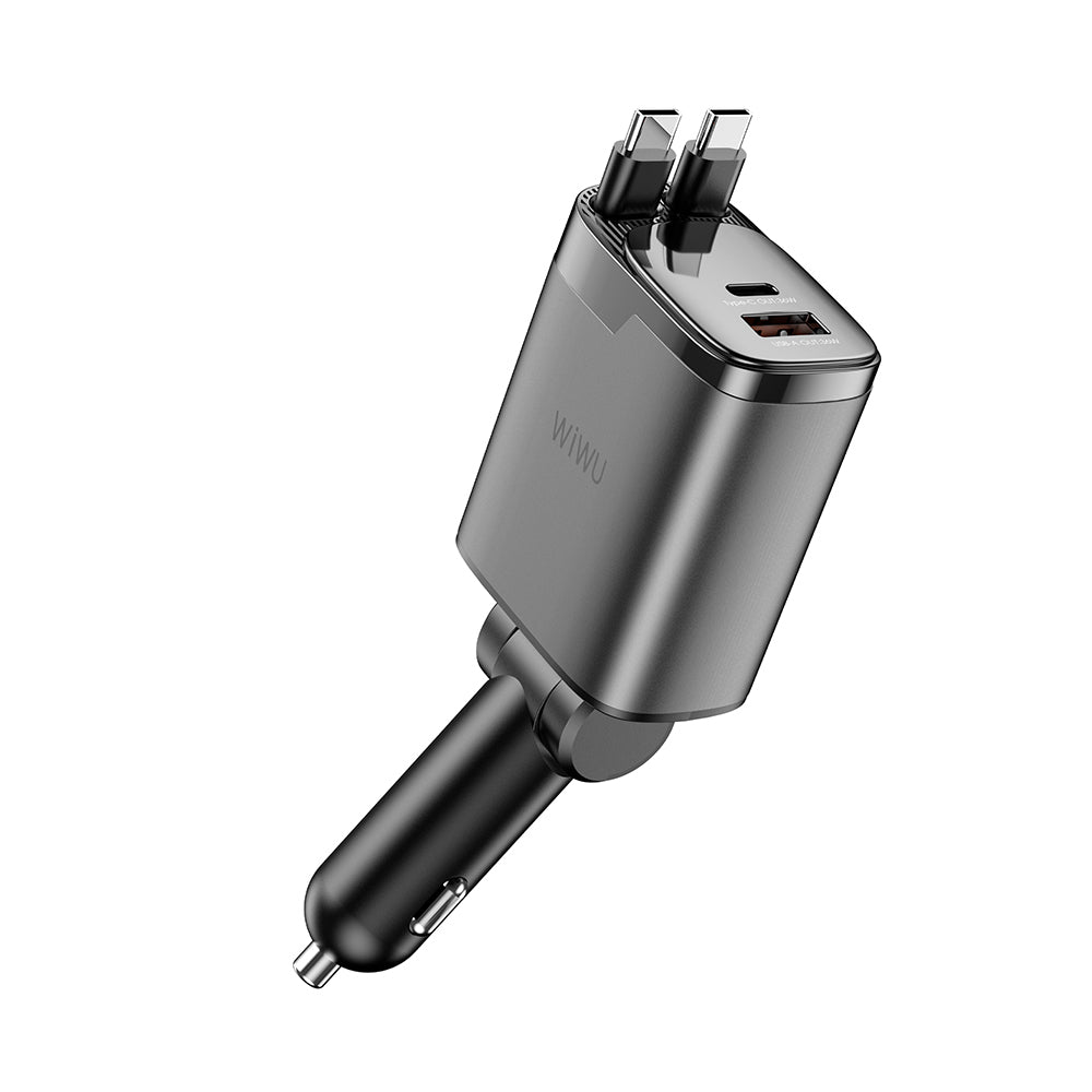 Wiwu Wi-CC034 Type-C + USB-A Hızlı Şarj Özellikli GaN Teknolojili Dahili Kablolu Araç Şarj Aleti 111W Gri