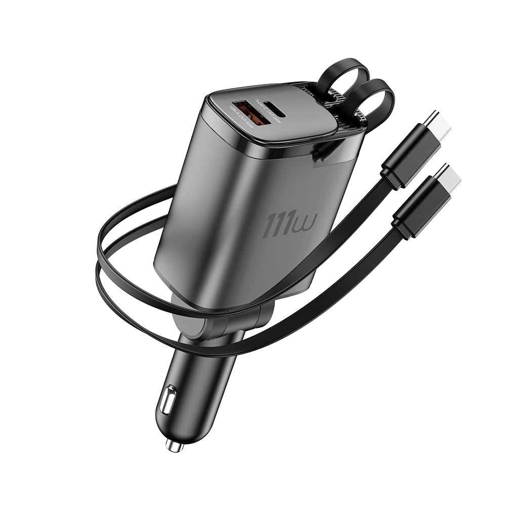 Wiwu Wi-CC034 Type-C + USB-A Hızlı Şarj Özellikli GaN Teknolojili Dahili Kablolu Araç Şarj Aleti 111W Gri