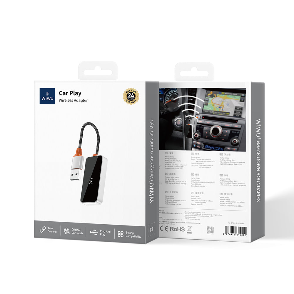 Wiwu Wi-CP002 CarPlay Dijital LED Göstergeli Kablosuz Ses Alıcı USB Girişli Bluetooth Adaptör Gümüş