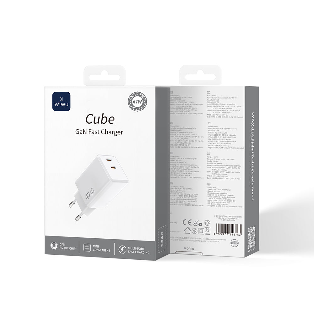 Wiwu Wi-G025 Cube Serisi Dual Type-C PD GaN Teknolojili Hızlı Şarj Başlığı 47W Beyaz
