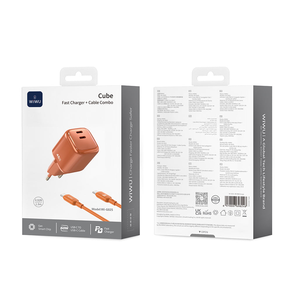 Wiwu Wi-G025 Cube Serisi Type-C to Type-C GaN Tech Hızlı Şarj Özellikli Kablolu Şarj Seti 47W Turuncu