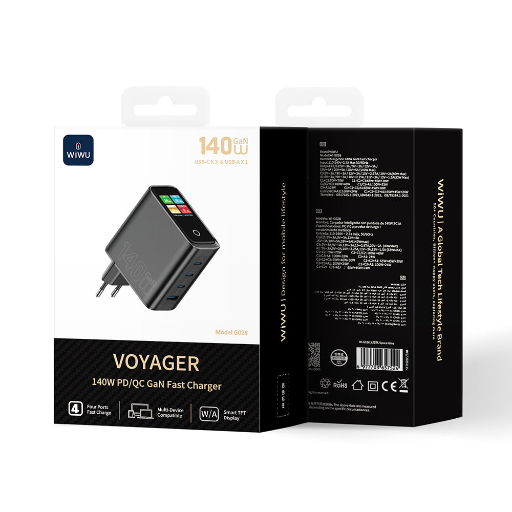 Wiwu Wi-G028 Voyager Serisi GaN Teknolojili PD/QC TFT Göstergeli Hızlı Şarj Başlığı 140W Siyah