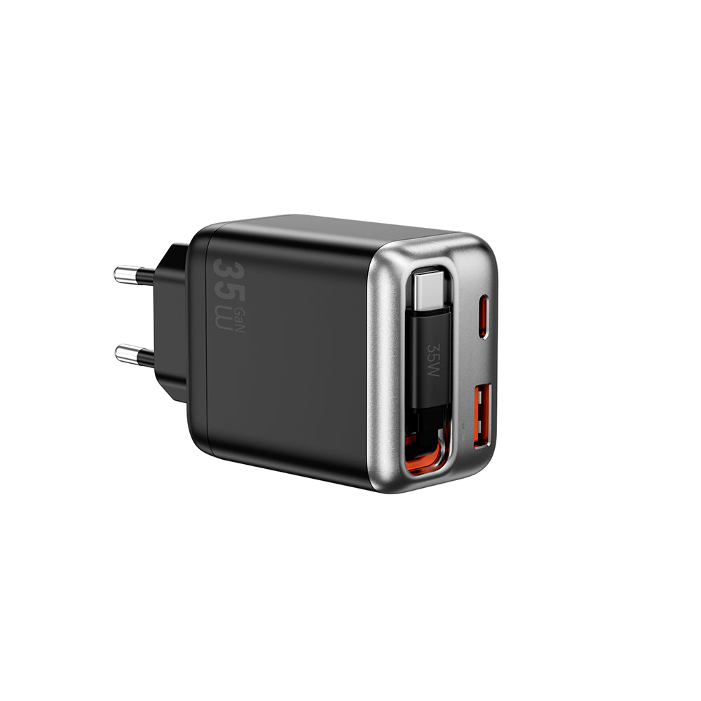 Wiwu Wi-G029 Helix Serisi GaN Teknolojili Hızlı Şarj Başlığı USB-A to Type-C PD 35W Type-C Kablolu Şarj Seti Siyah