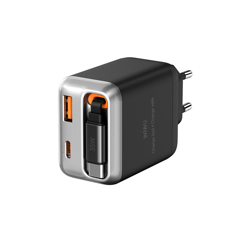 Wiwu Wi-G029 Helix Serisi GaN Teknolojili Hızlı Şarj Başlığı USB-A to Type-C PD 35W Type-C Kablolu Şarj Seti Siyah