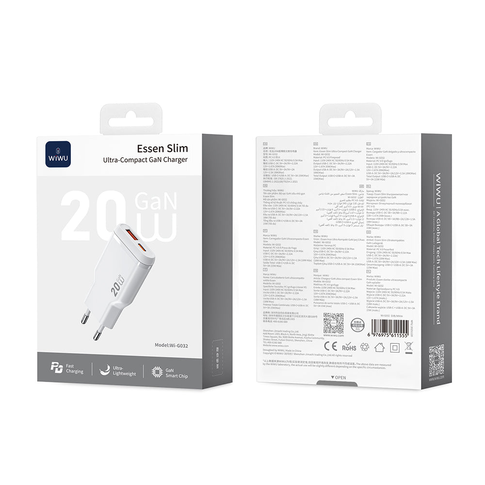 Wiwu Wi-G032 Essen Slim Serisi GaN Tech PD Hızlı Şarj Özellikli Şarj Başlığı 20W Beyaz