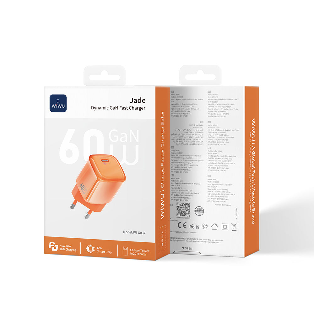 Wiwu Wi-G037 Jade Dynamic Serisi AVS Özellikli GaN Tech PD Hızlı Şarj Özellikli Şarj Başlığı 60W Turuncu