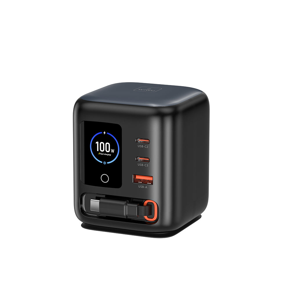 Wiwu Wi-G039 GaN Teknolojili Type-C Kablolu 4 Portlu Masaüstü Şarj İstasyonu 100W Siyah