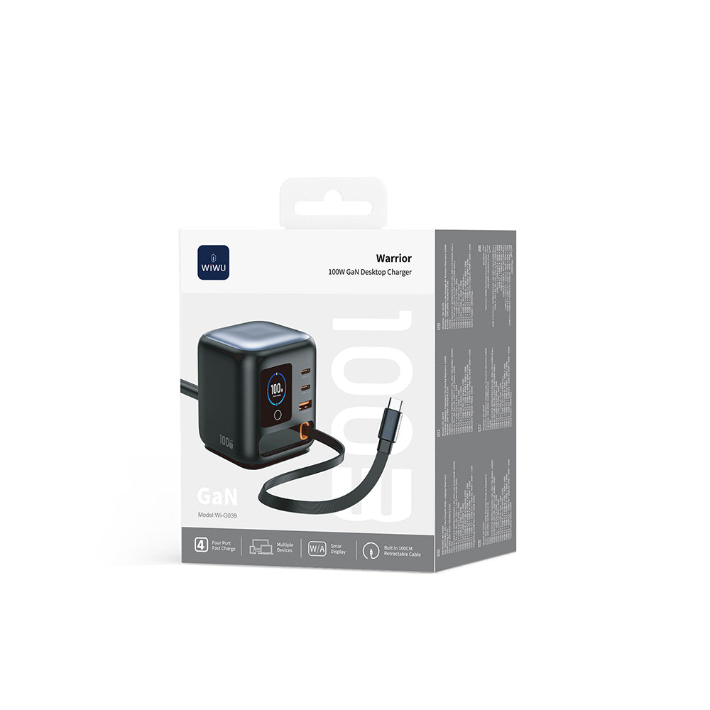 Wiwu Wi-G039 GaN Teknolojili Type-C Kablolu 4 Portlu Masaüstü Şarj İstasyonu 100W Siyah
