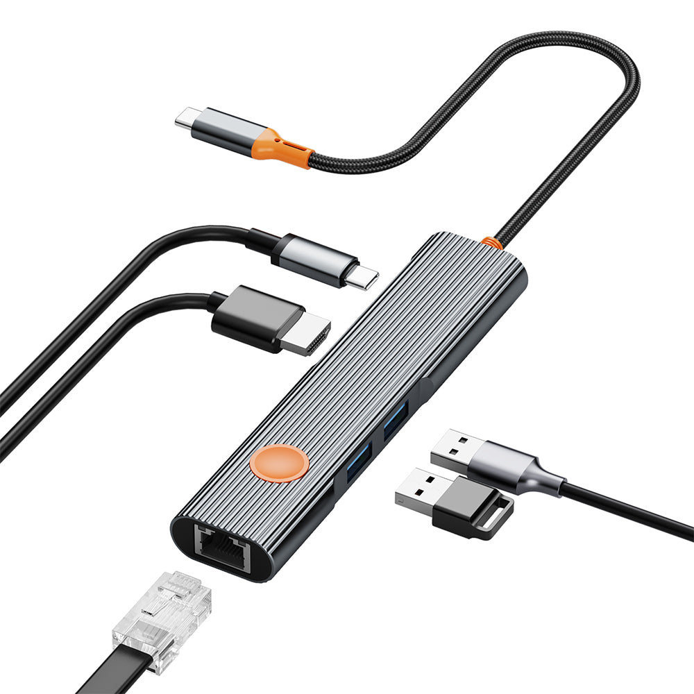 Wiwu Wi-HB005 Travel Serisi 5in1 HDMI (4K@60Hz) Girişli + RJ45 + 100W PD Type-C Hub Bağlantı İstasyonu Gri
