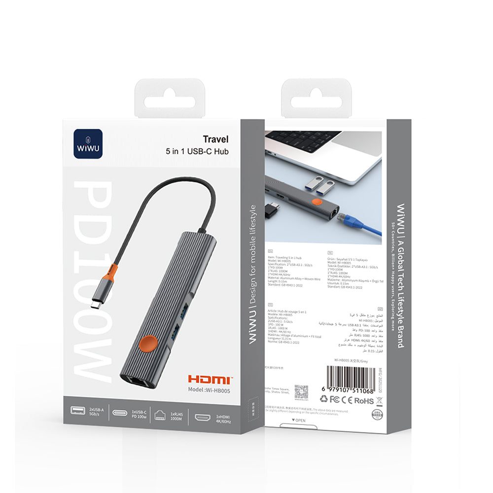 Wiwu Wi-HB005 Travel Serisi 5in1 HDMI (4K@60Hz) Girişli + RJ45 + 100W PD Type-C Hub Bağlantı İstasyonu Gri