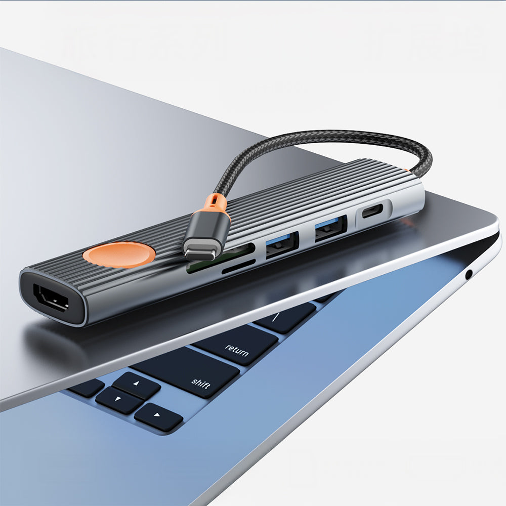 Wiwu Wi-HB8007 Travel Serisi 7in1 HDMI (4K@60Hz) Girişli 100W PD Type-C Hub Bağlantı İstasyonu Gri