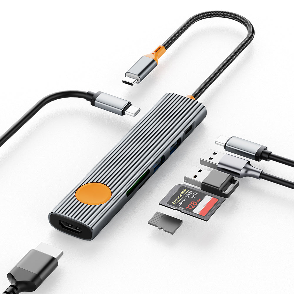Wiwu Wi-HB8007 Travel Serisi 7in1 HDMI (4K@60Hz) Girişli 100W PD Type-C Hub Bağlantı İstasyonu Gri
