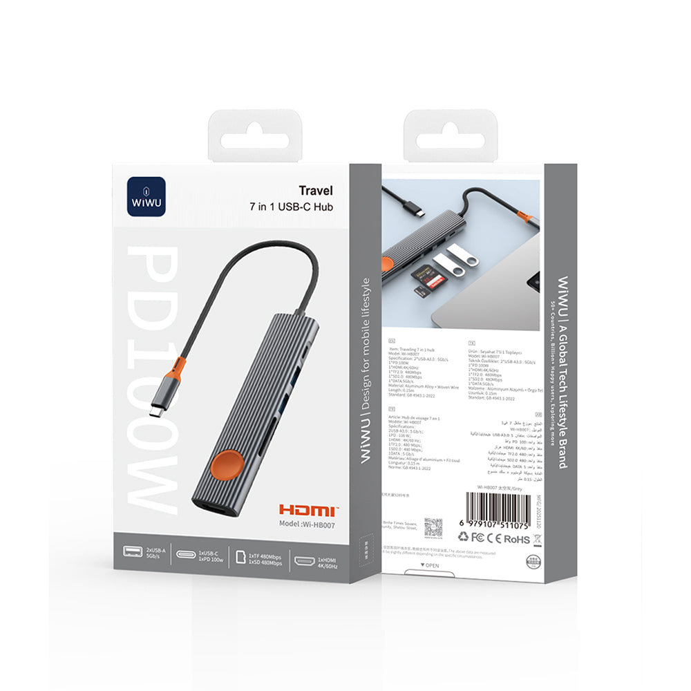 Wiwu Wi-HB8007 Travel Serisi 7in1 HDMI (4K@60Hz) Girişli 100W PD Type-C Hub Bağlantı İstasyonu Gri