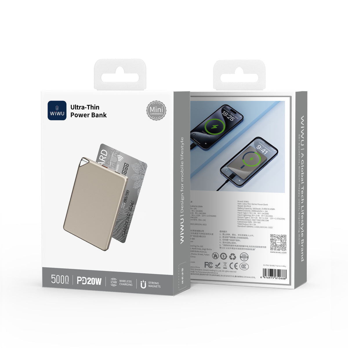 Wiwu Wi-P019 Ultra İnce Explore Serisi Led Göstergeli Wireless M-safe Powerbank 15W 5000mAh Titanyum-Gold